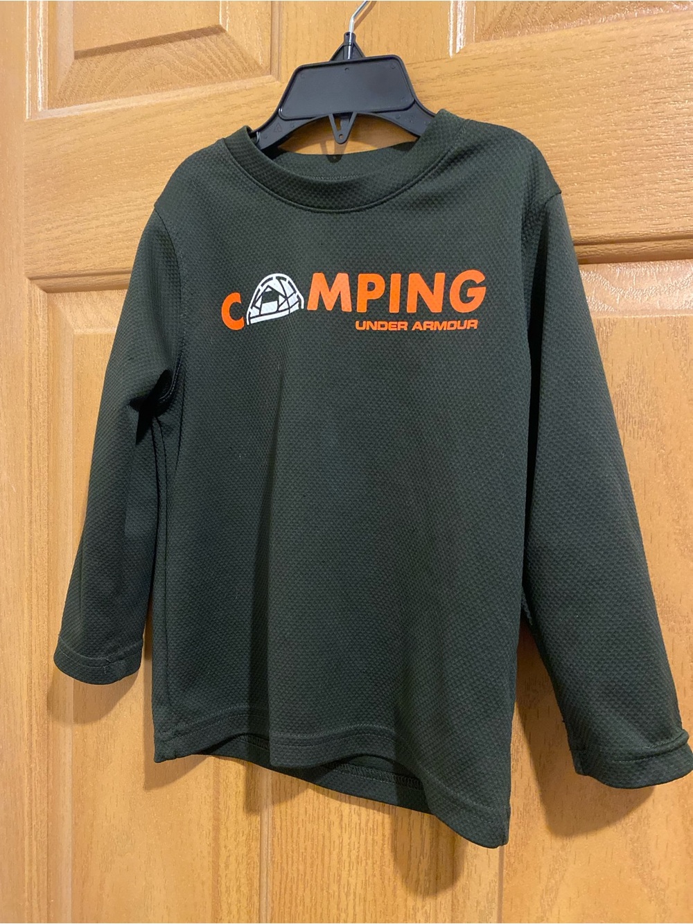 Under Armour Kids Long Sleeve Camping Tee in Dark Green with Orange Logo